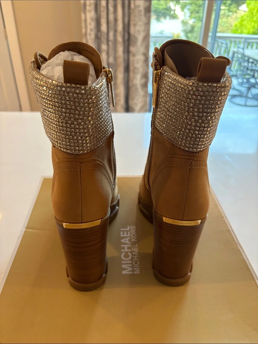 Michael Kors Tan Lace-Up Block Heel Boots with Jeweled Cuff